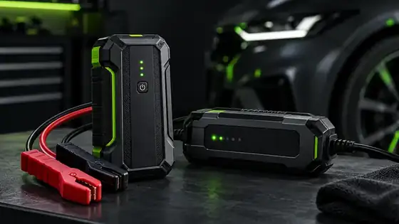 Arrancador, batería y equipamiento de arranque en un garaje oscuro de estilo premium