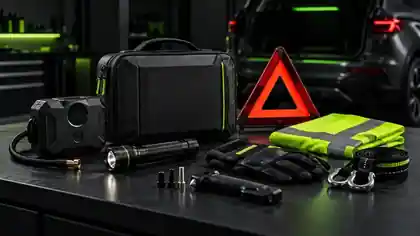 Kit de emergencia y equipamiento de carretera en un garaje oscuro de estilo premium