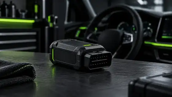 Adaptador OBD2 y teléfono con diagnóstico de vehículo en un entorno oscuro y moderno